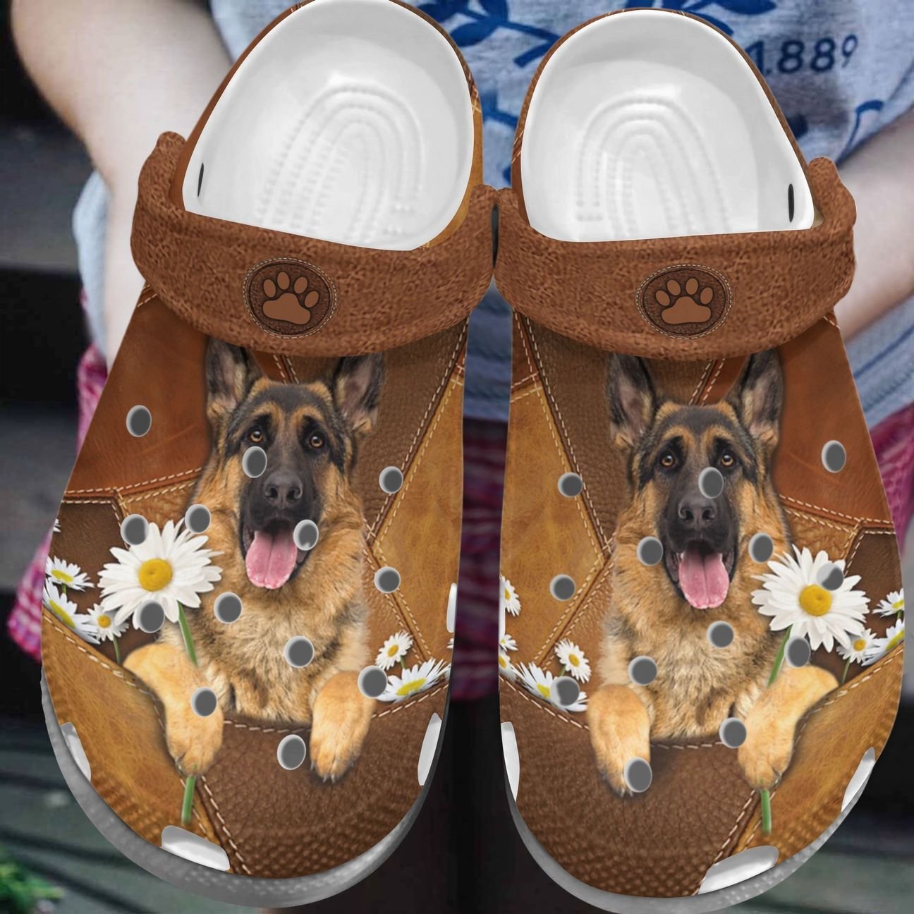 German Shepherd Personalize Clog, Custom Name, Text, Fashion Style For Women, Men, Kid, Print 3D Whitesole Daisy German Shepherd