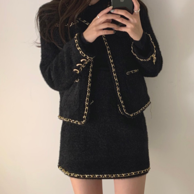 Autumn Winter Sets Korea Fashion Temperament Slim High Waist Wrap Hip Skirt Mini O Neck Long Sleeve Hit Color Tweed Jacket Short alx