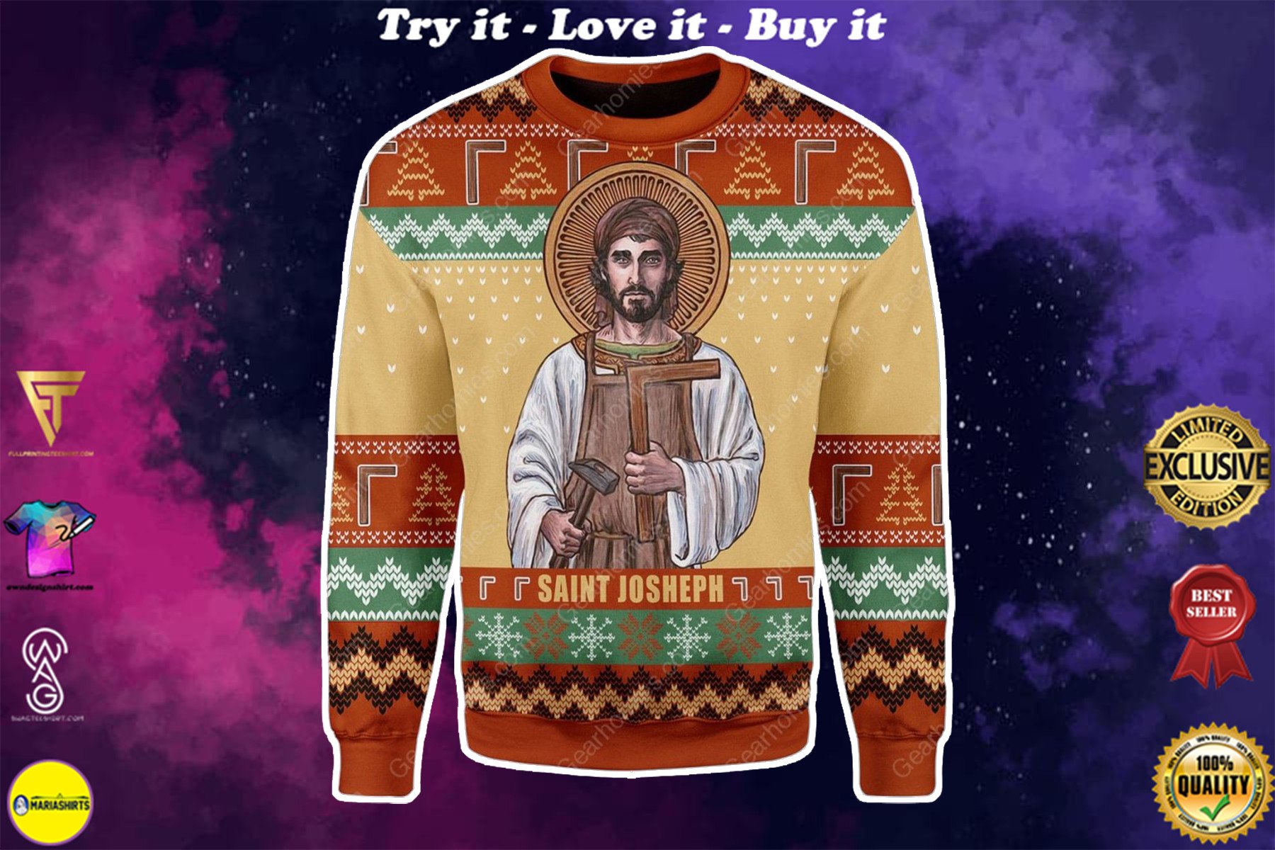 [High Quality] Saint Joseph The Worker All Over Printed Ugly Christmas Sweater