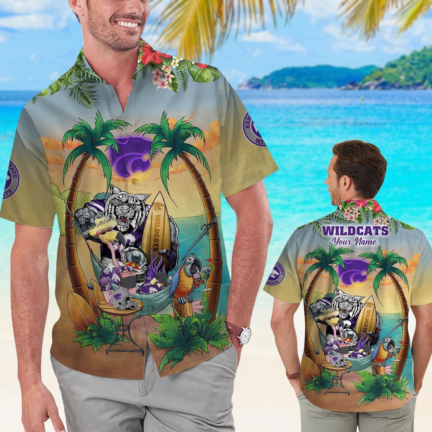 Name Personalized Kansas State Wildcats Flamingo Parrot Tropical Hawaiian Shirt