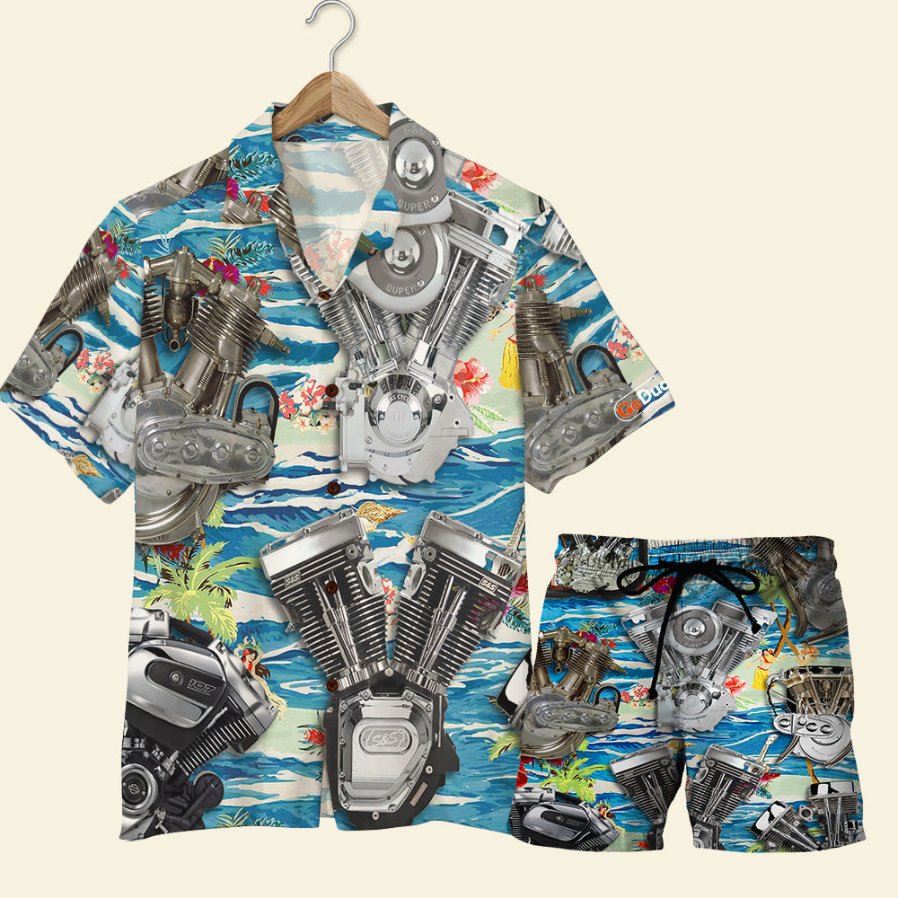 Biker Hawaii Shirt And Men Beach Seamless Motorcycle Engine Pattern Ha102339