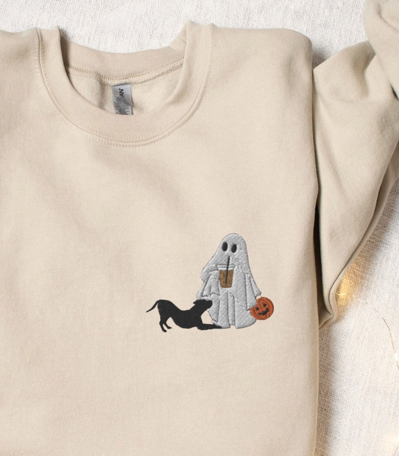 Ghost With Dog Halloween Embroidered Sweatshirt 2D Crewneck Sweatshirt All Over Print Sweatshirt For Women Sweatshirt For Men Sws3768