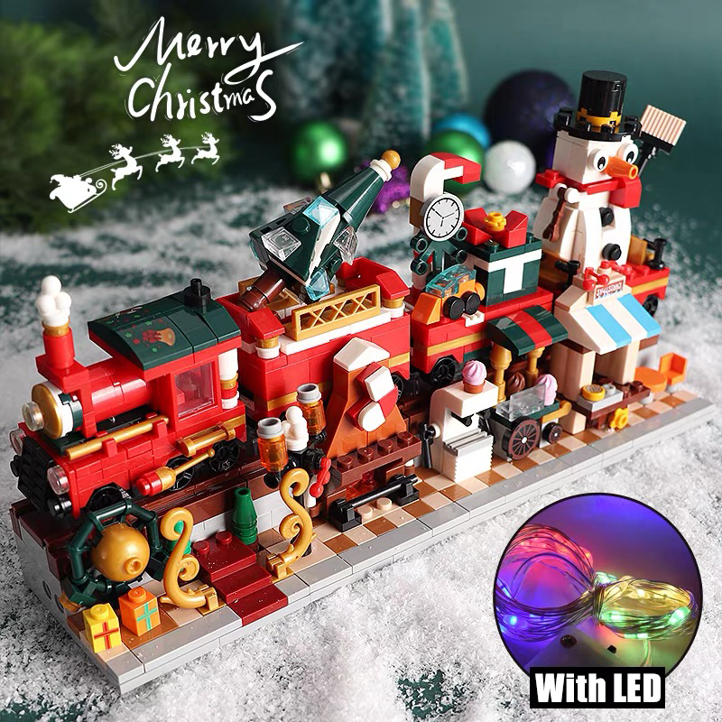 New 4 IN 1 Christmas Santa Claus Train Building Block Creative Street View With Lighting Bricks Christmas Boys Kids Toys Gifts alx