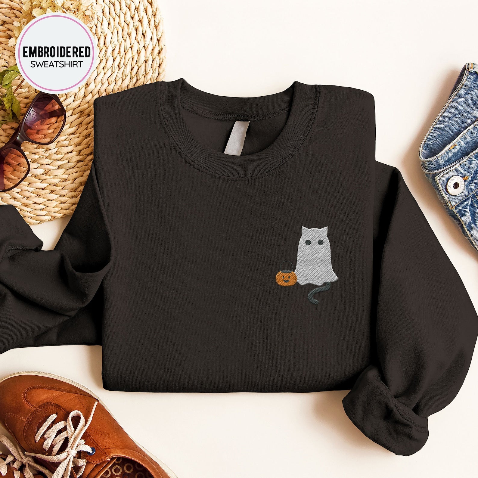 Ghost Cat Embroidery Sweatshirt 2D Crewneck Sweatshirt All Over Print Sweatshirt For Women Sweatshirt For Men Sws2432