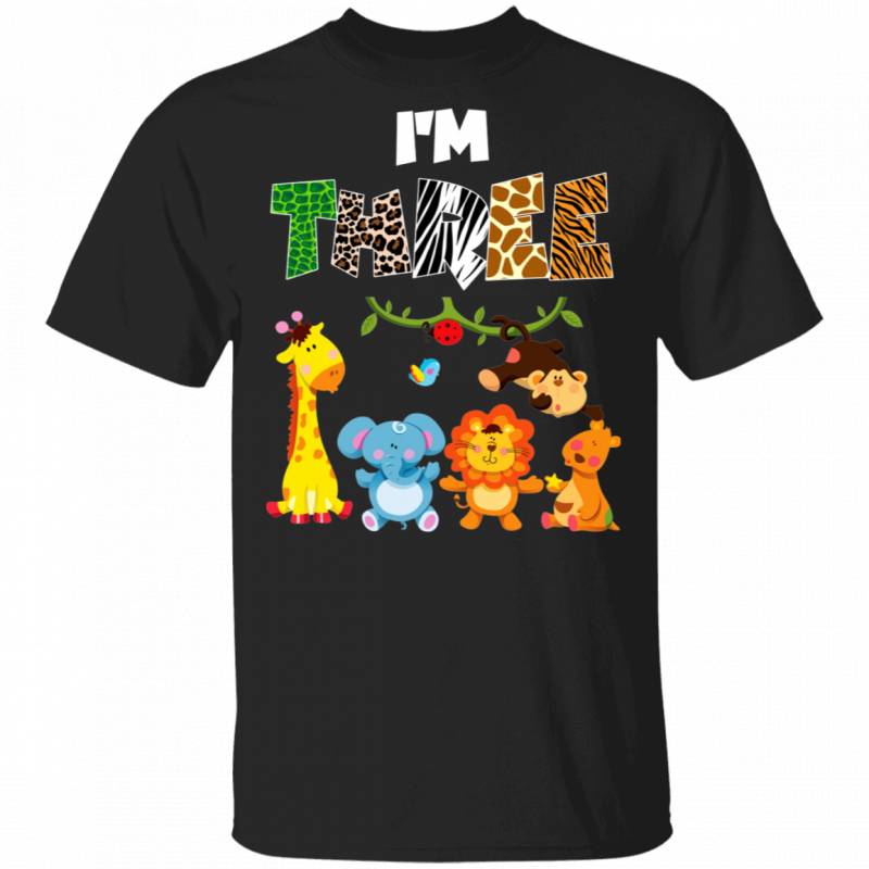 I’m Three Cool Giraffe Elephant Lion Bear Monkey Wild Animal Lover 3rd Birthday Gifts T-Shirt