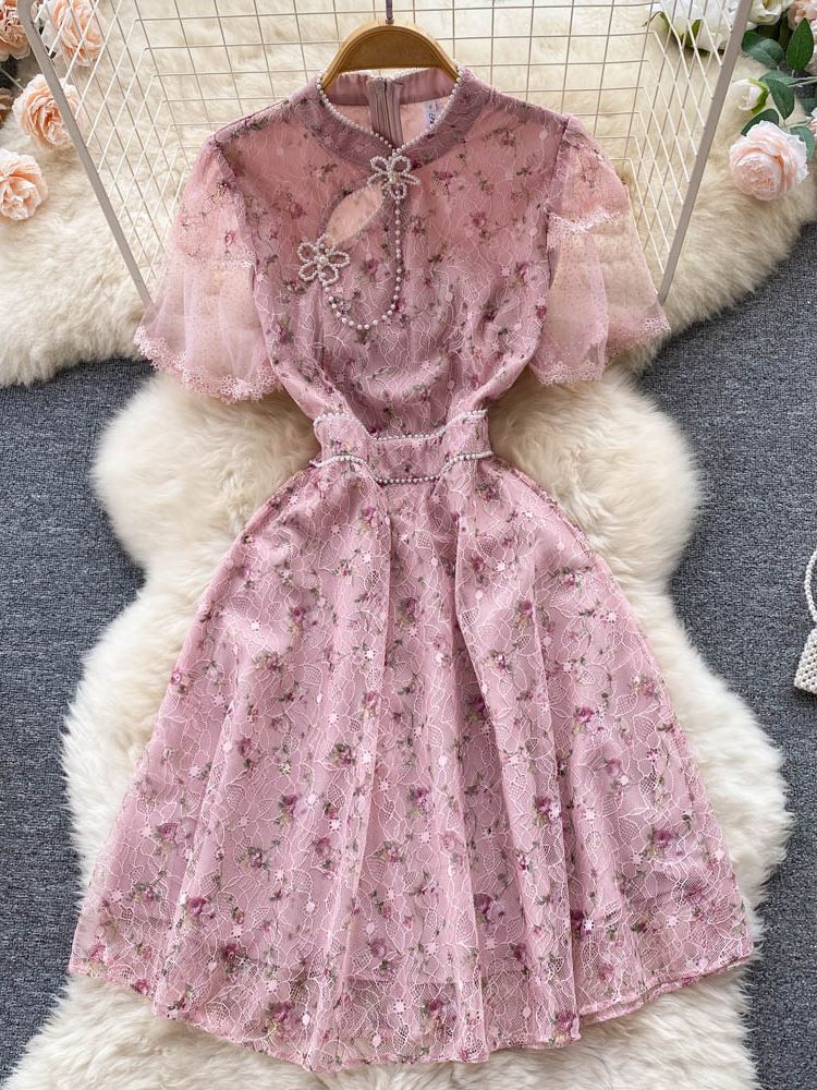 Summer Sweet Pink Lace Cheongsam Flower Embroidery Dress Women Flare Sleeve Stand Collar Pearls Beading Bow Girls Short Vestido alx