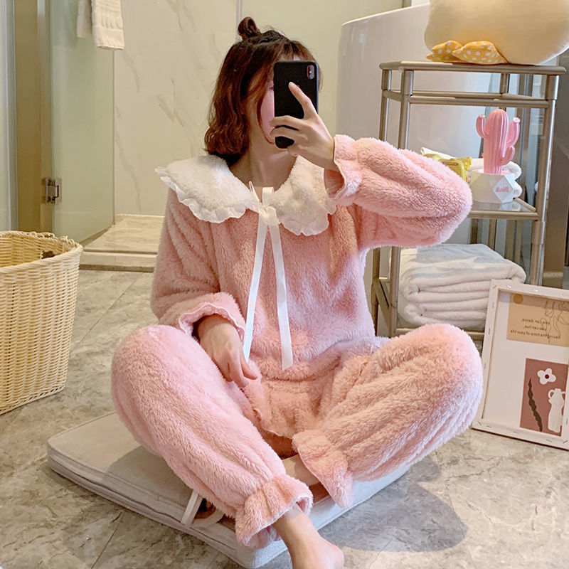 Winter Pajama Sets Women Coral Velvet Ruffles Thermal Simple Single Breasted Fuzzy Nightwear Cute Tender Ins Stylish Sleepwear alx