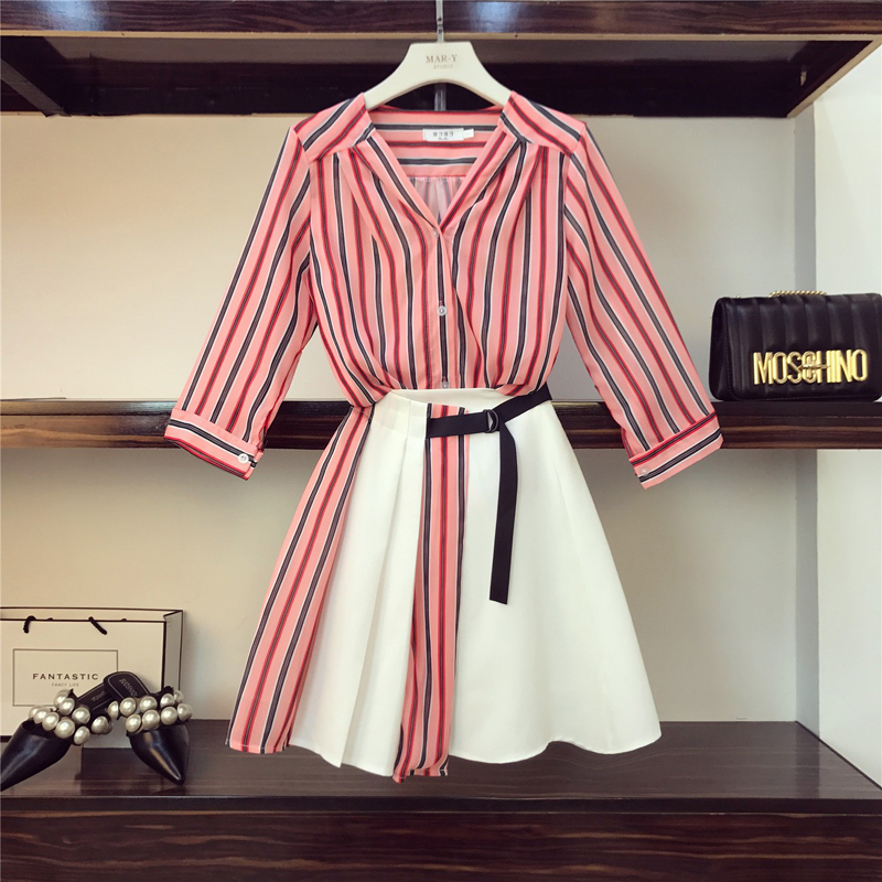 Women 2 Piece Set New 2020 Summer Striped Chiffon shirt Tops + High Waist Button Mini Skirts Set alx