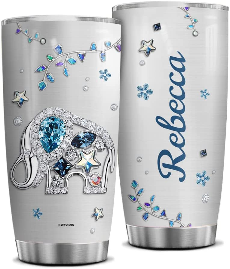 Personalized Elephant Tumbler Cup With Lid 20Oz 30Oz Jewelry Drawing Elephants Stainless Steel Double Wall Vacuum Insulated Tumblers Coffee Travel Mug Birthday Christmas Women Custom Name