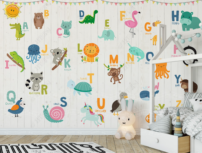 3D Cartoon Colored Alphabet Animal Wall Mural Wallpaper Lqh 202