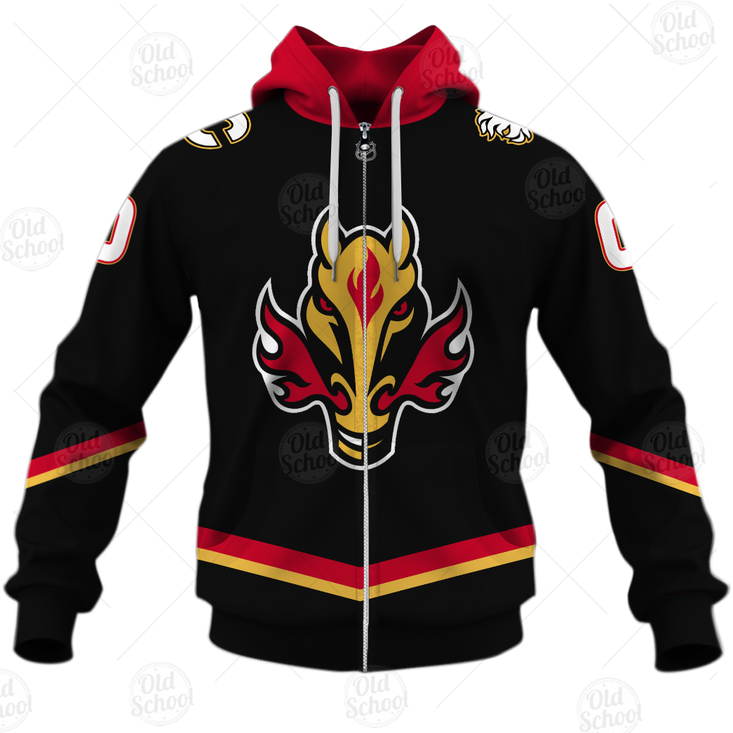 Calgary Flames Custom Name Number 2021 Reverse Retro Alternate Jersey Zip Up Hoodie