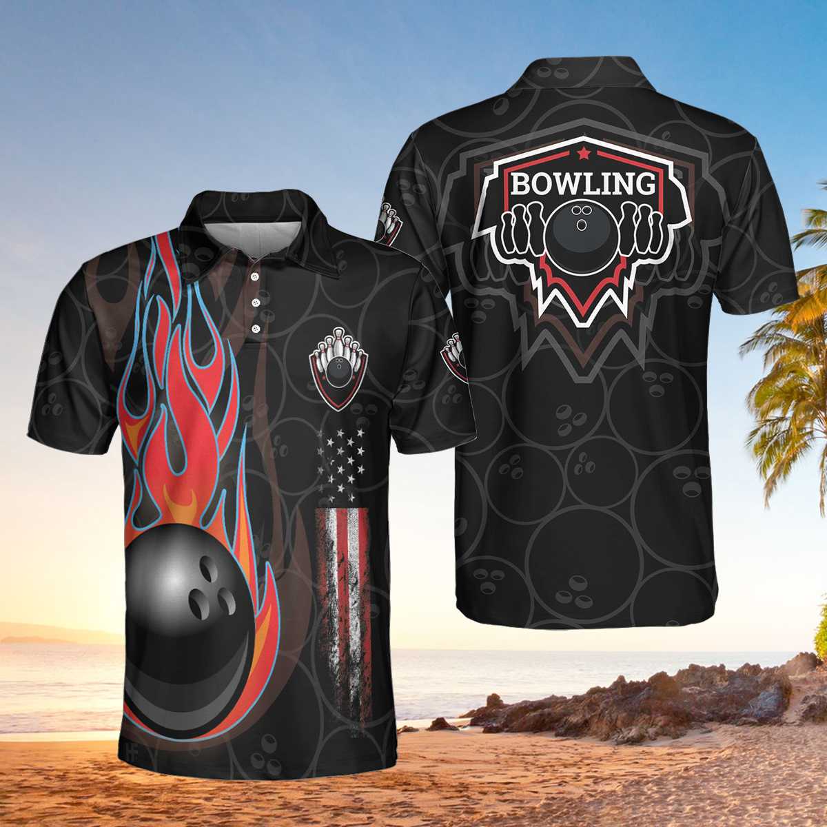 Bowling In Fire And American Flag Short Sleeve Polo Shirt, Bowling Ball Polo Shirt, Best Bowling Shirt For Men Coolspod