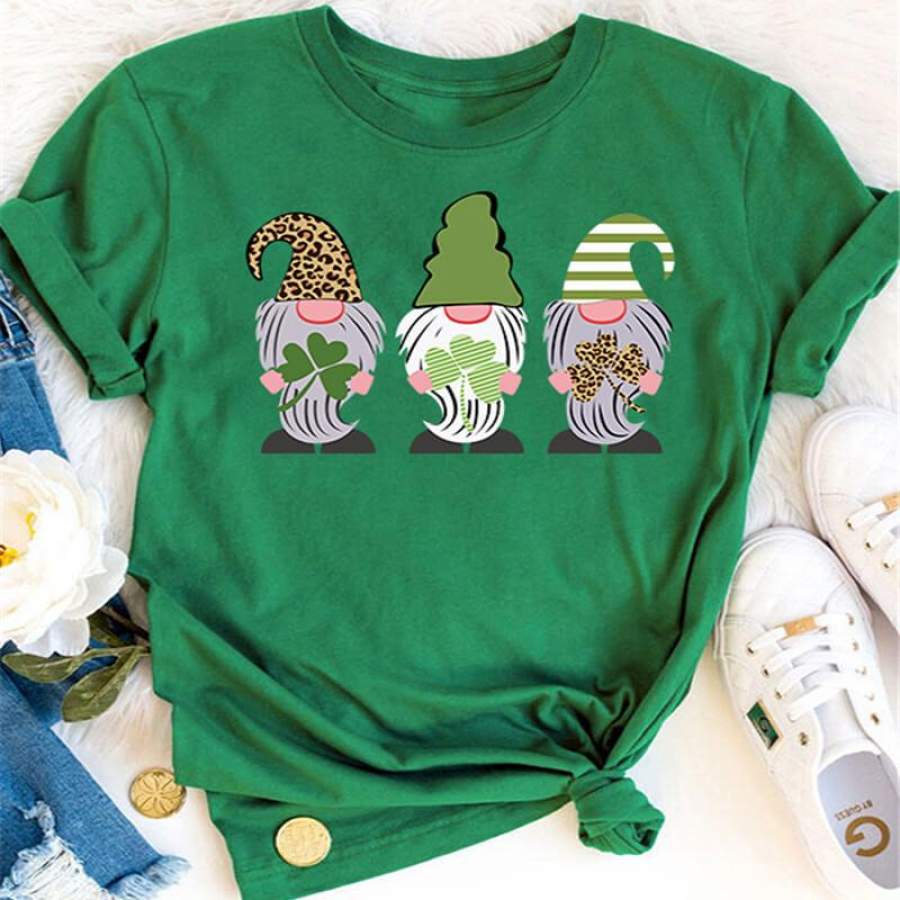 St Patrick’s Day Gnomes T-shirt Lucky Leopard Stripe Clover Print Tops