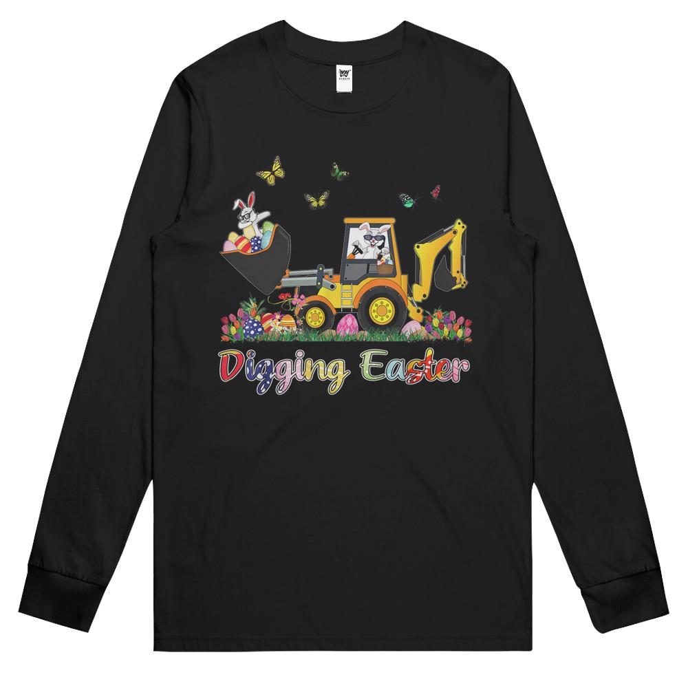 Digging Easter Bunny Toddler Boy Egg Hunt Tractor Excavator Long Sleeve T Shirts