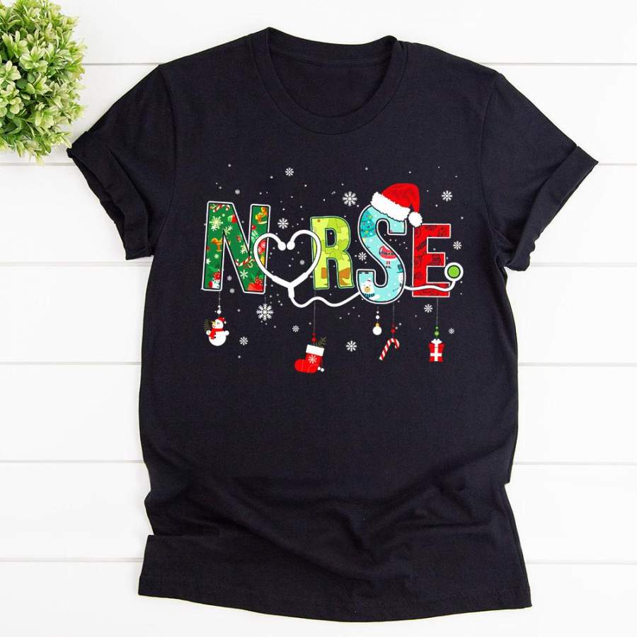 2020 nurse quarantine christmas gift snowman candy cane ornament stethoscope black cotton t shirt for men and women S-6XL