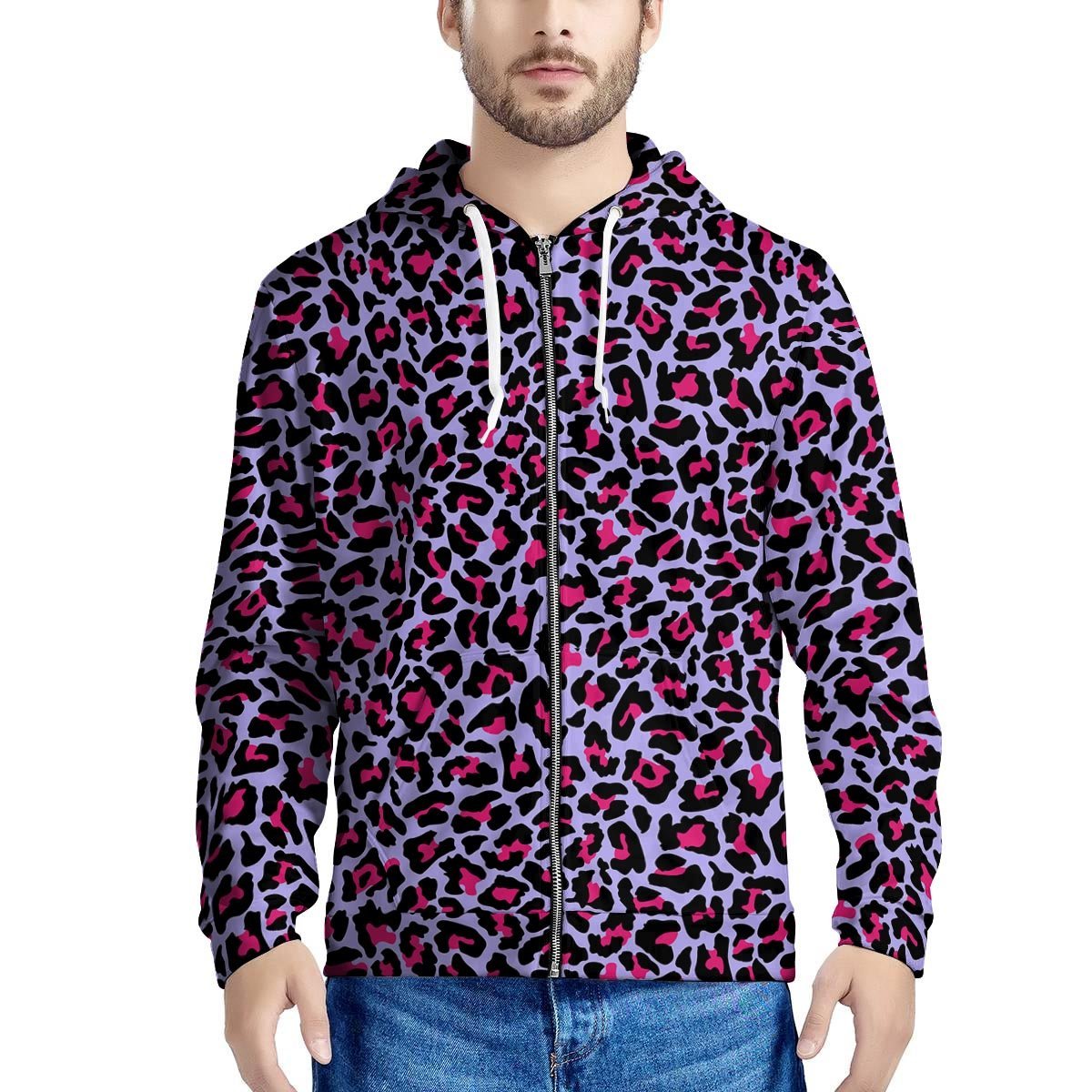 Neon Leopard Men’S Zip Up Hoodie