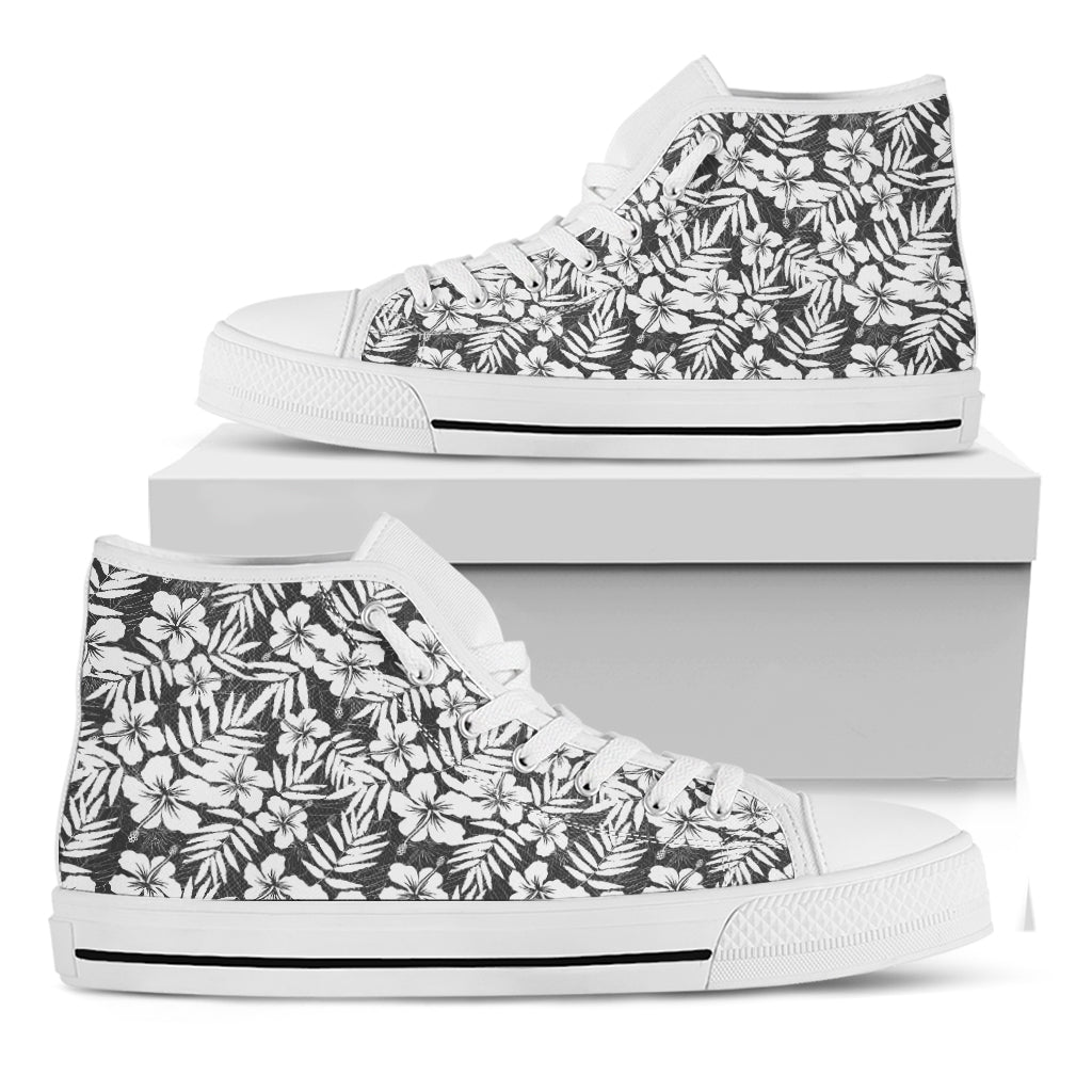 White And Grey Hawaiian Pattern Print White High Top Shoes