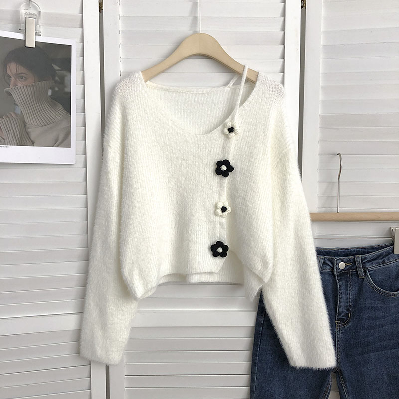 V Neck White Long Sleeve Three Dimensional Applique Sweater Women Sueter Mujer Jumper Fleece Crop Tops Black White Knit Flower alx