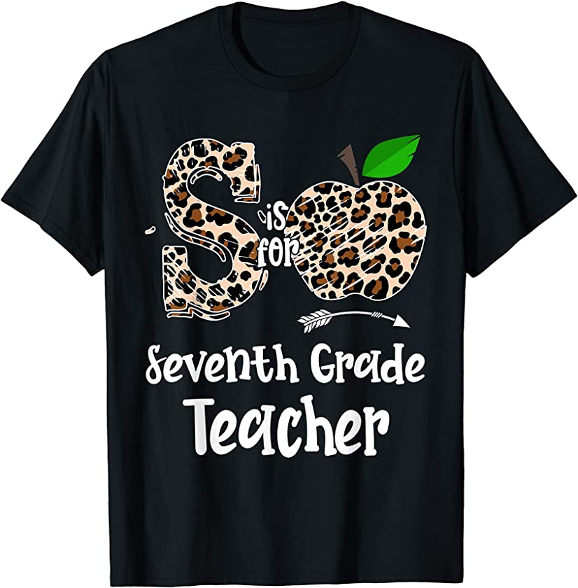 S Is For Seventh Grade Teacher Leopard Apple Funny T-Shirt