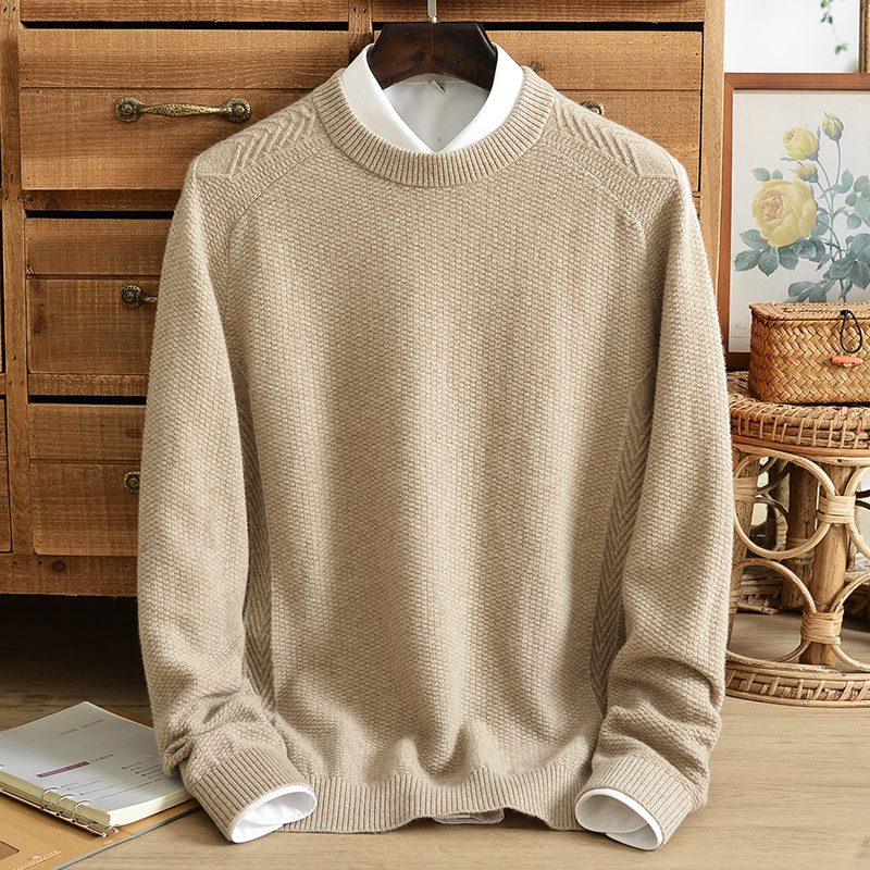 Winter new pure cashmere sweater men’s round neck thick wool knit sweater loose pullover jacquard solid color base sweater alx