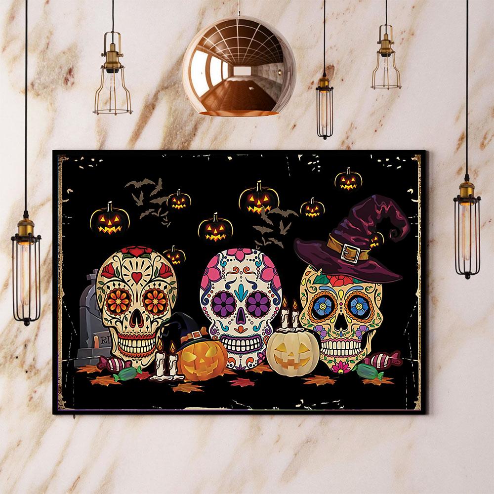 Sugar Skulls Halloween Scary Pumpkin Canvas Poster Wall Art