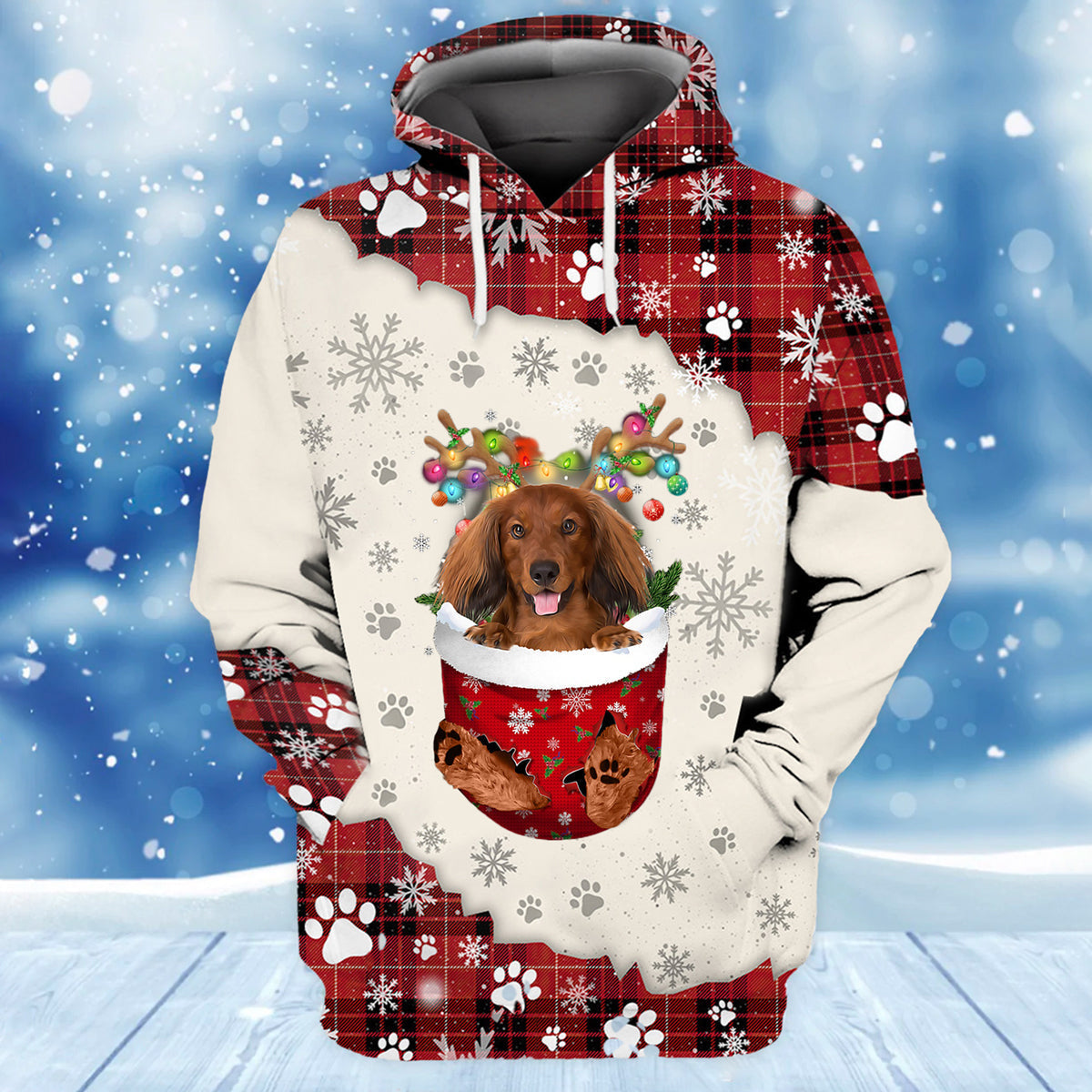 Red Long Haired Dachshund In Snow Pocket Merry Christmas Unisex Hoodie