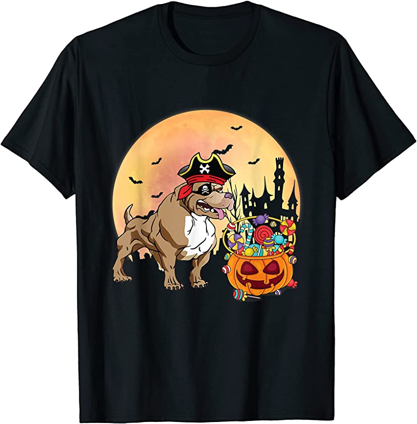 Pitbull Dog Pirate Costume Pumpkin Candy Happy Halloween Day T-Shirt