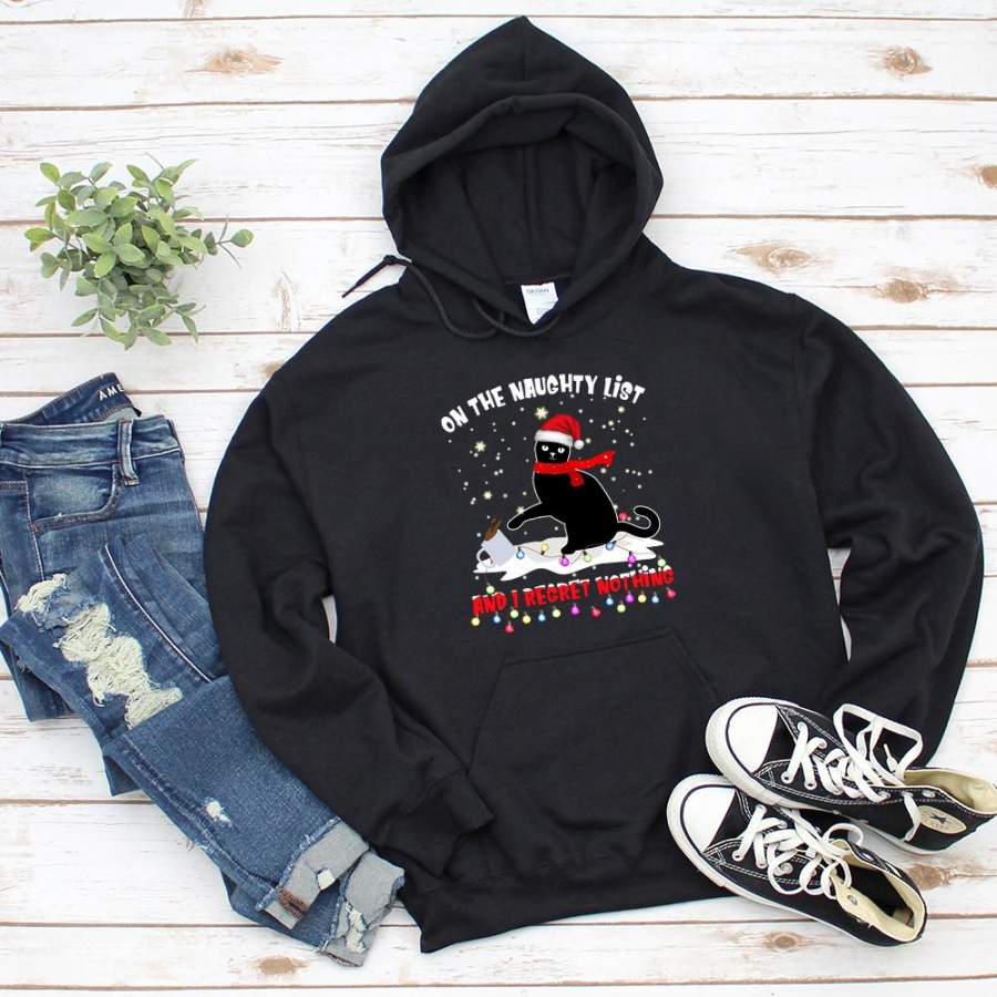 Black cat christmas on the naughty list i regret nothing coffee light snow black hoodie for men and women S-5XL