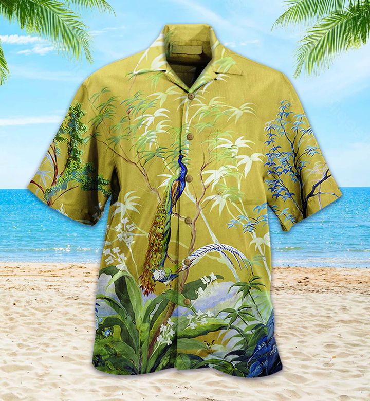 Painted Peacock Yellow Hawaii Shirt Ha9486