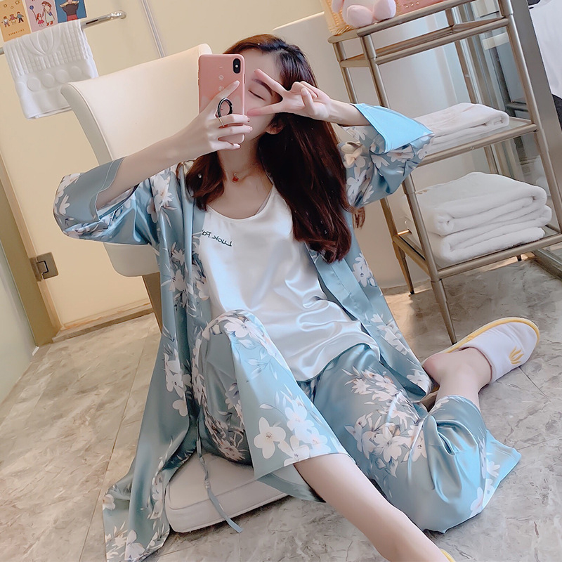 XIKUO Women Pajamas Set Sling Silk Pajamas 3 Peices Sleepwear Flower Print Pijama Satin Homewear Nightsuits alx