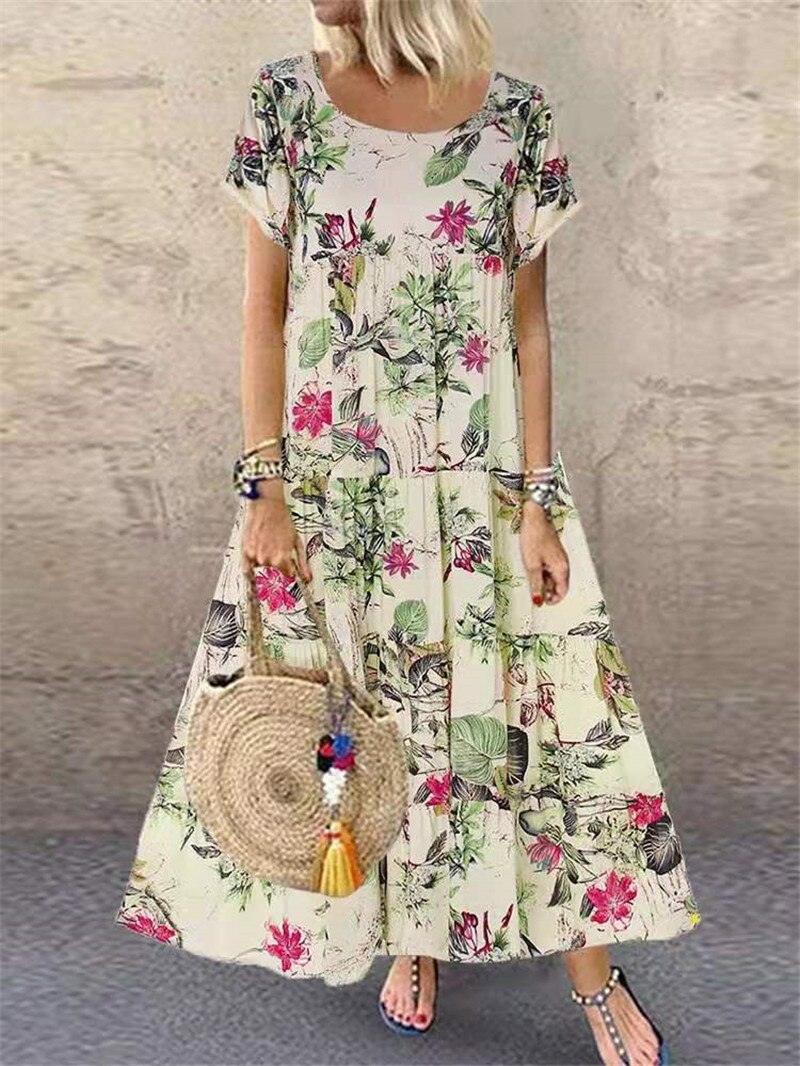 Vintage Floral Printed Long Dress Women Summer Holiday Bohemian Short Sleeve Beach Sundress Female Maxi Dress Party Vestido Robe alx