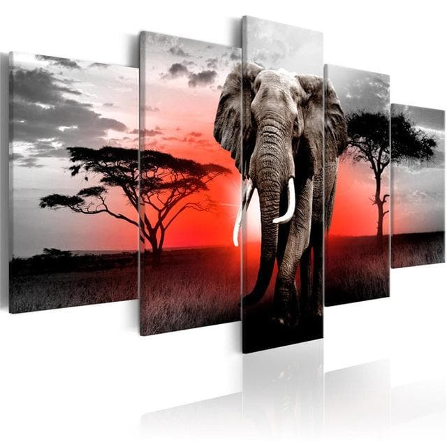 Canvas Pictures Home Decor 1 Piece Walking Elephant Sunset Africa Grassland Scenery Wall Art