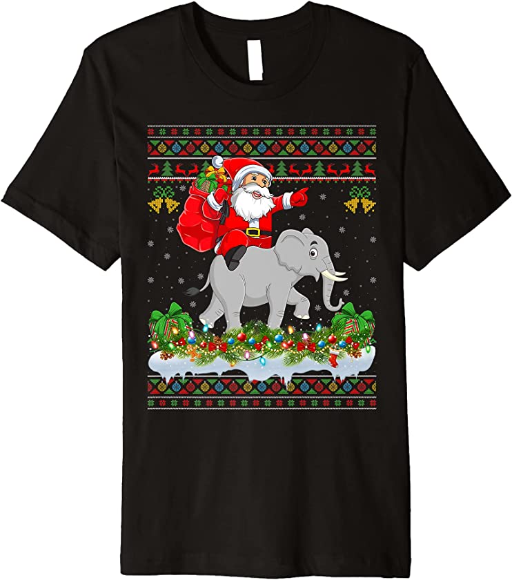 Elephant Xmas Pajamas Ugly Santa Riding Elephant Christmas Premium T-Shirt