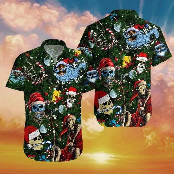 Christmas Ho Santa Skull Green Hawaii Shirt For Men Women Ha81637