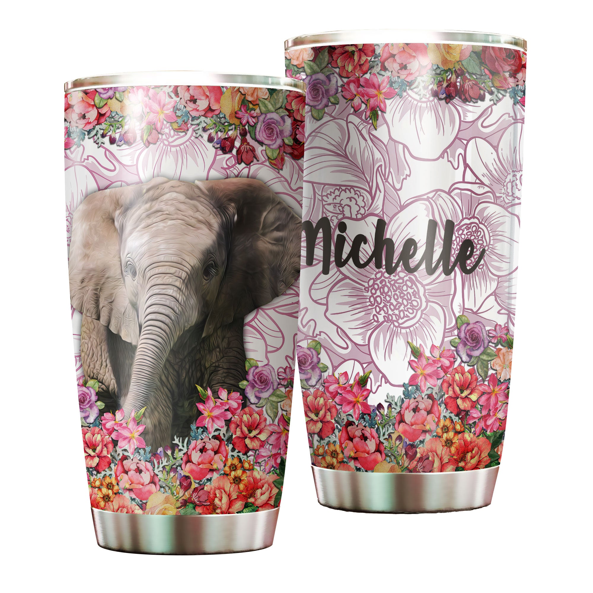 Personalized Elephant With Colorful Flower Stainless Steel Tumbler-Sweat-Proof Travel Therma Cup With Lid