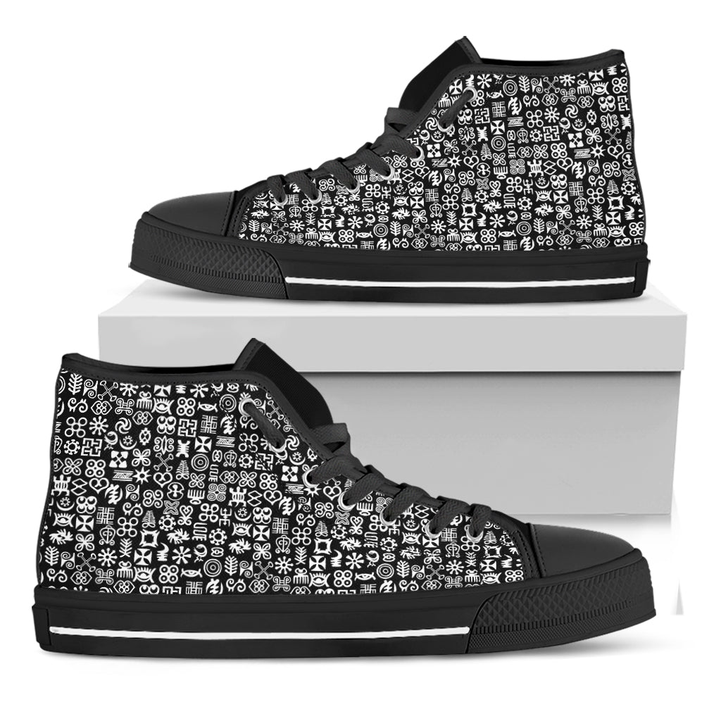 White And Black Adinkra Symbols Print Black High Top Shoes