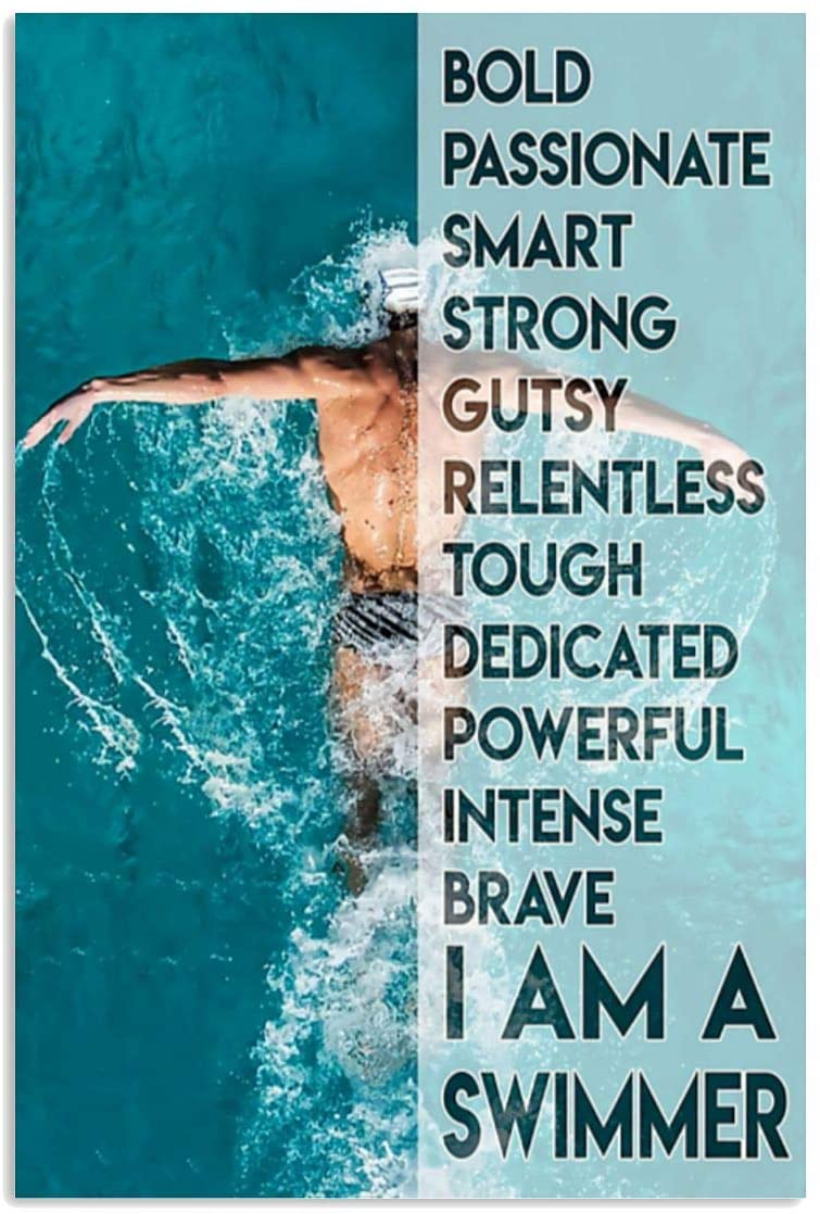 Vintage Swimming I Am A Swimmer Powerful Brave Poster Art Print      Home Decor Gift For Men Women Family Friend On Birthday Xmas