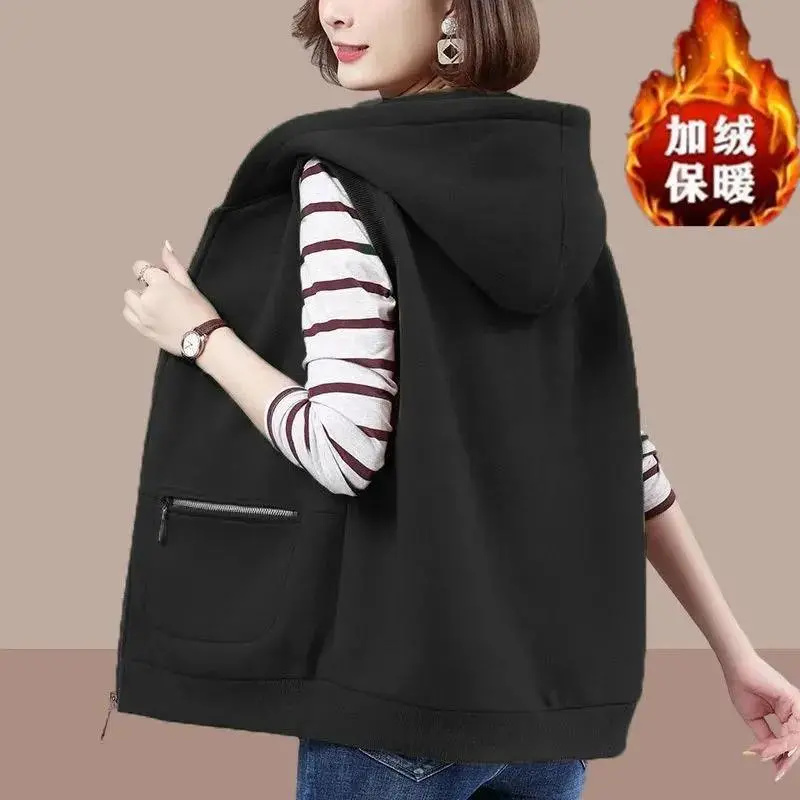 2022 Spring Autumn New Cotton Casual Hooded Hoodie Vest Female Korean Version Loose Temperament Fashion Short Waistcoat Jacket alx