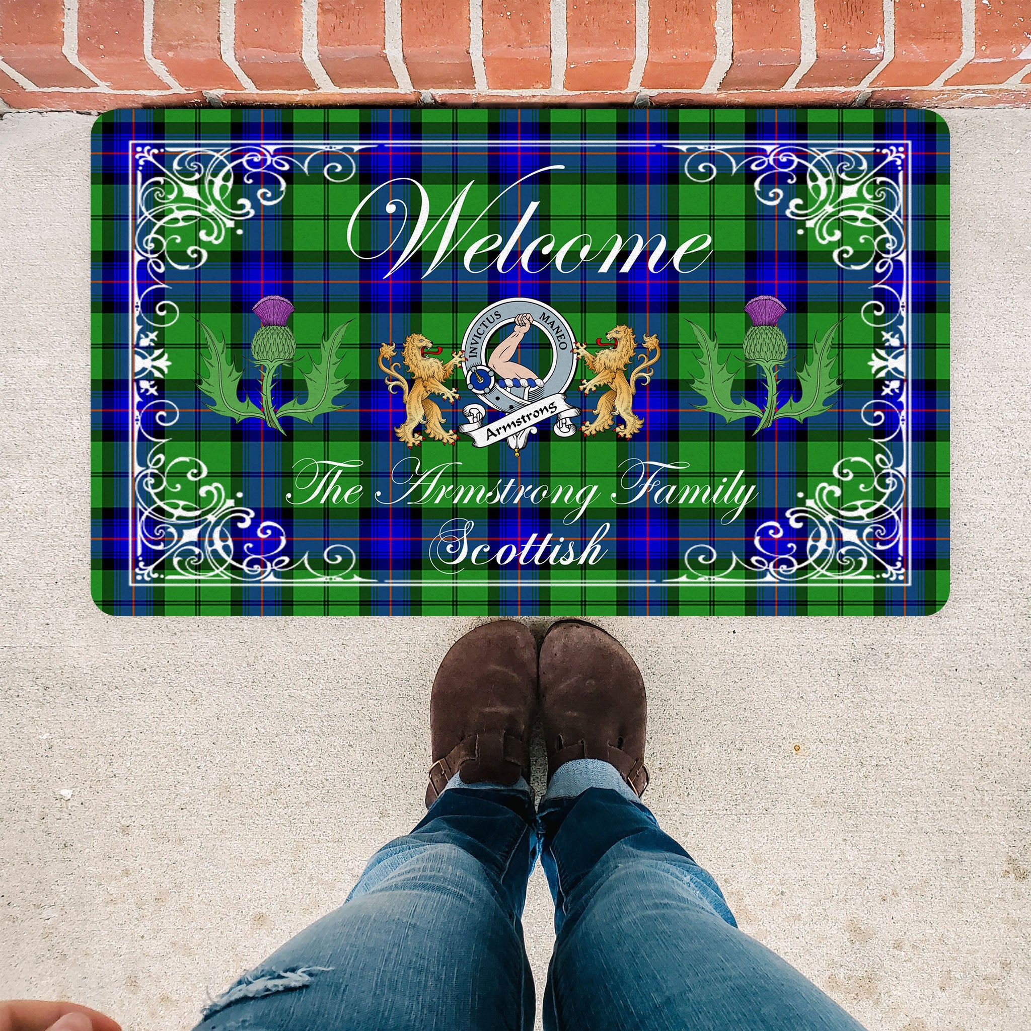 Scotstee Shop Tartan Door Mats Clan Armstrong Hunting Badge Tartan Thistle And Two Lion Scottish Plaid Doormat, Christmas Door Mat Gift