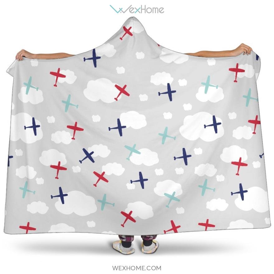 Airplane Cloud Grey Background Hooded Blanket