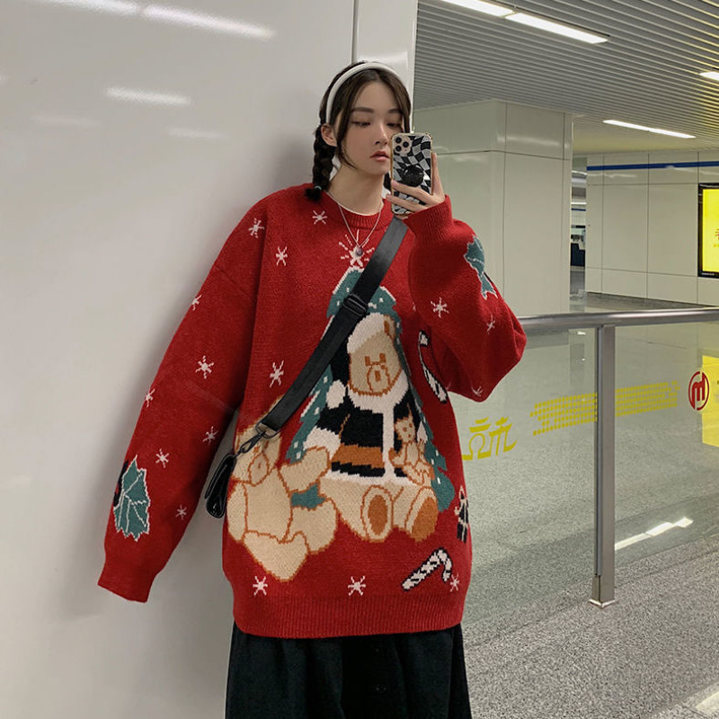 Christmas Sweaters for Couples Casual Loose Knitwear Long Sleeve O Neck Knitted Pullovers Harajuku Bear Jacquard Sueter Jumpers alx