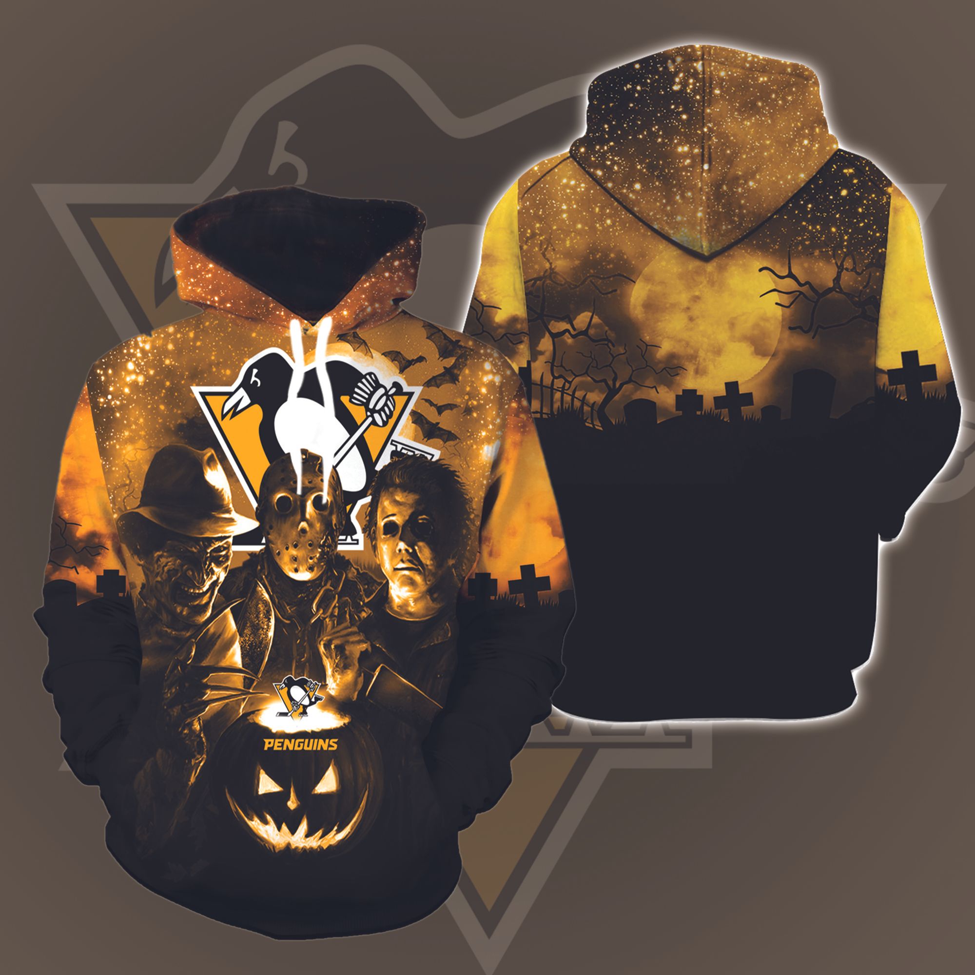 Pittsburgh Penguins Halloween and Michael Myers, Jason Voorhees, Freddy Krueger 3D Printed Hoodie