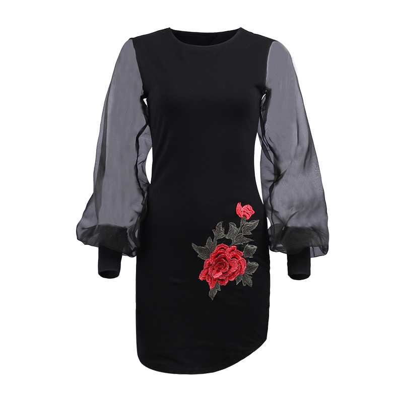 Black Rose Embroidery Dresses Women Long Sleeve Bodycon Pencil Dress o Neck Mesh Patchwork Mini Evening Party Cub Dress Female alx