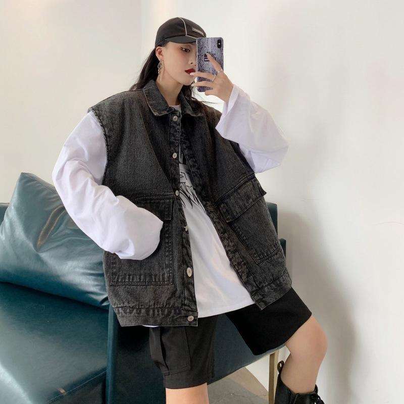 Aesthetic Vests Women Harajuku Autumn Chic Denim Fashion Cargo Pocket Design Teens Outwear All-match College Couple Streetwear alx