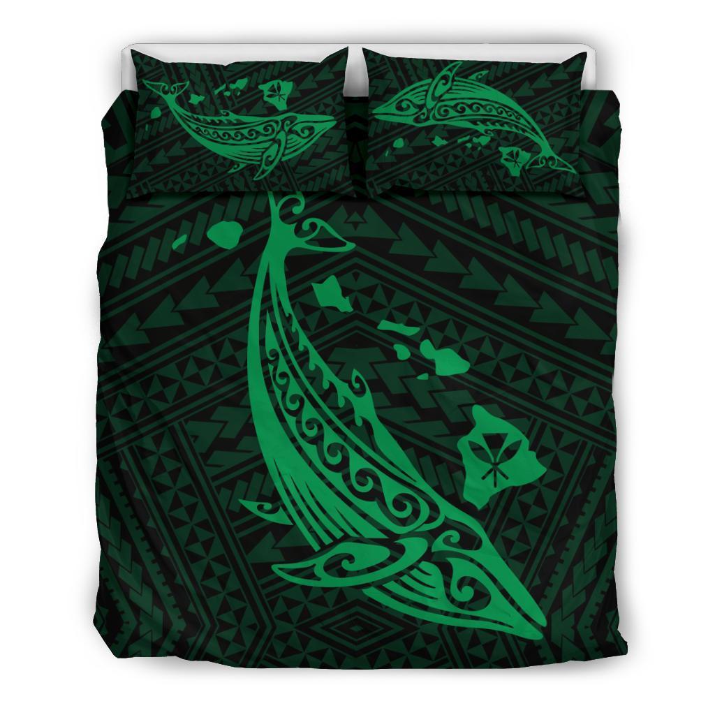 Hawaiian Map Whale Polynesian Bedding Set – Green