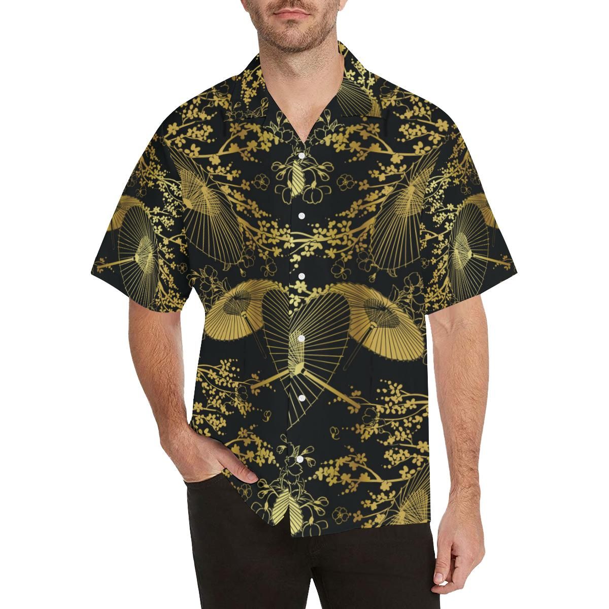 Gold Fan Flower Japanese Pattern All Over Print Hawaii Shirt Ha67417