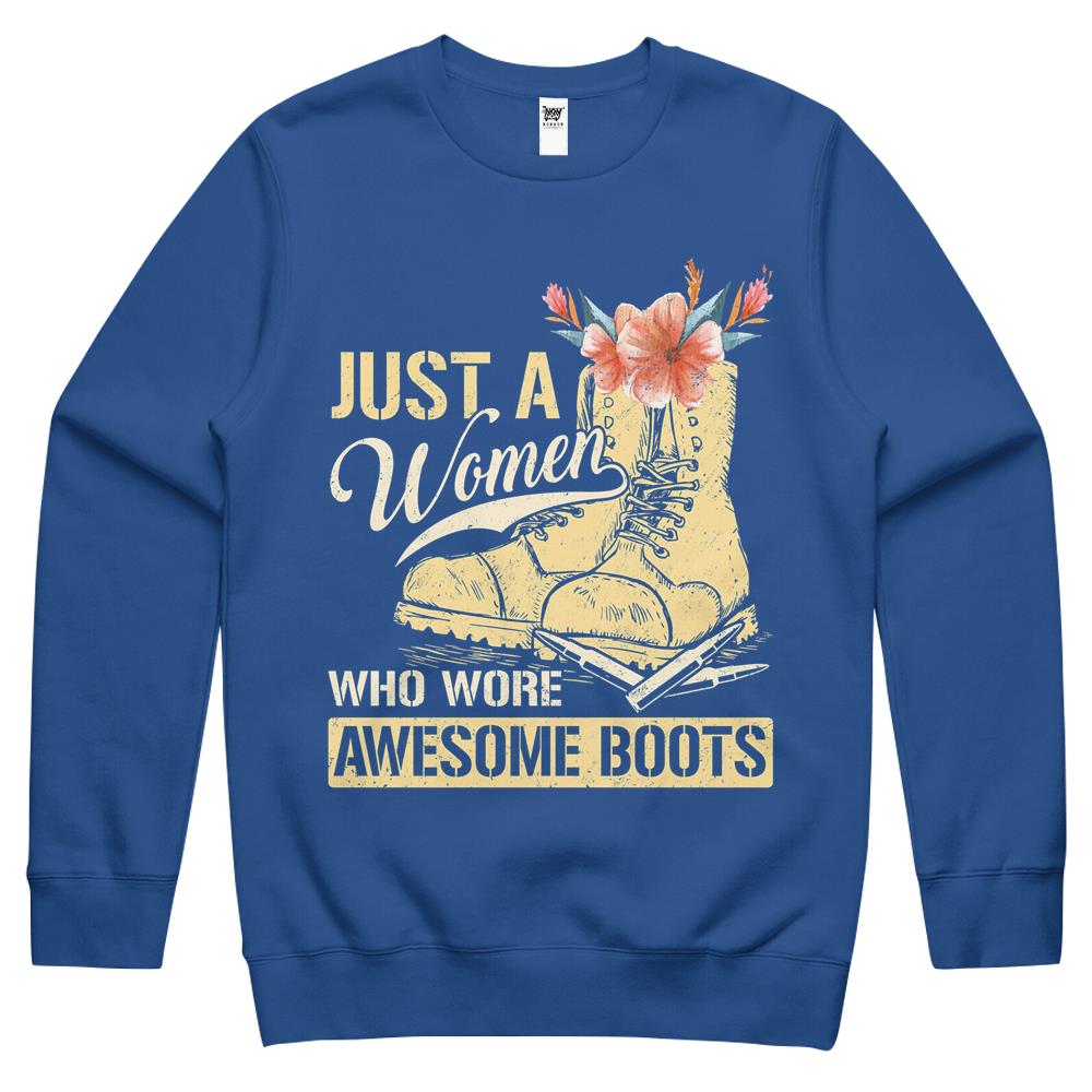 Veteran Mom Wife Just A Women Who Wore Awesome Boots Veretan Day Crewneck Sweatshirt