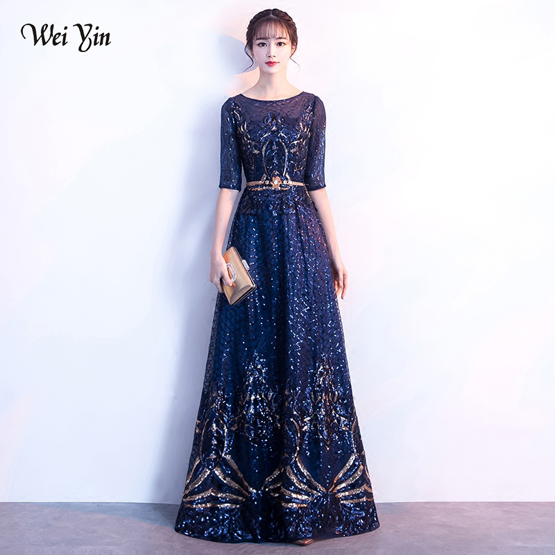 wei yin AE0390 Navy Blue Long Evening Dresses Half Sleeves Elegant O-neck A-line Floor-Length Sequined Mother Of The Bride Dress alx