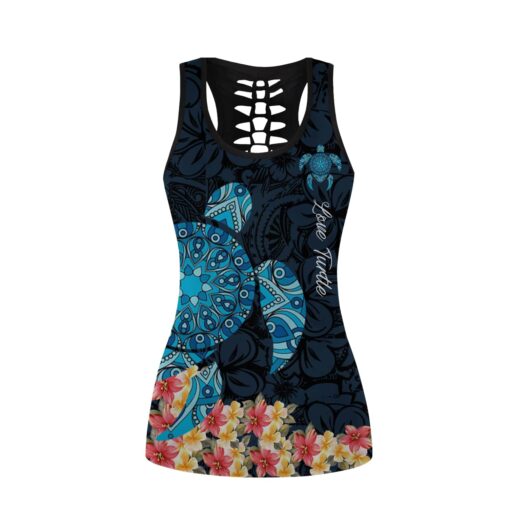 Amazing Sea Turtle Tattoo And Hibiscus Sea Turtle Women Hollow Tanktop And Legging For Turtle Lovers, Gift For Her Gift For Turtle Lover Friend Tanktop And Legging, Animal Lovers