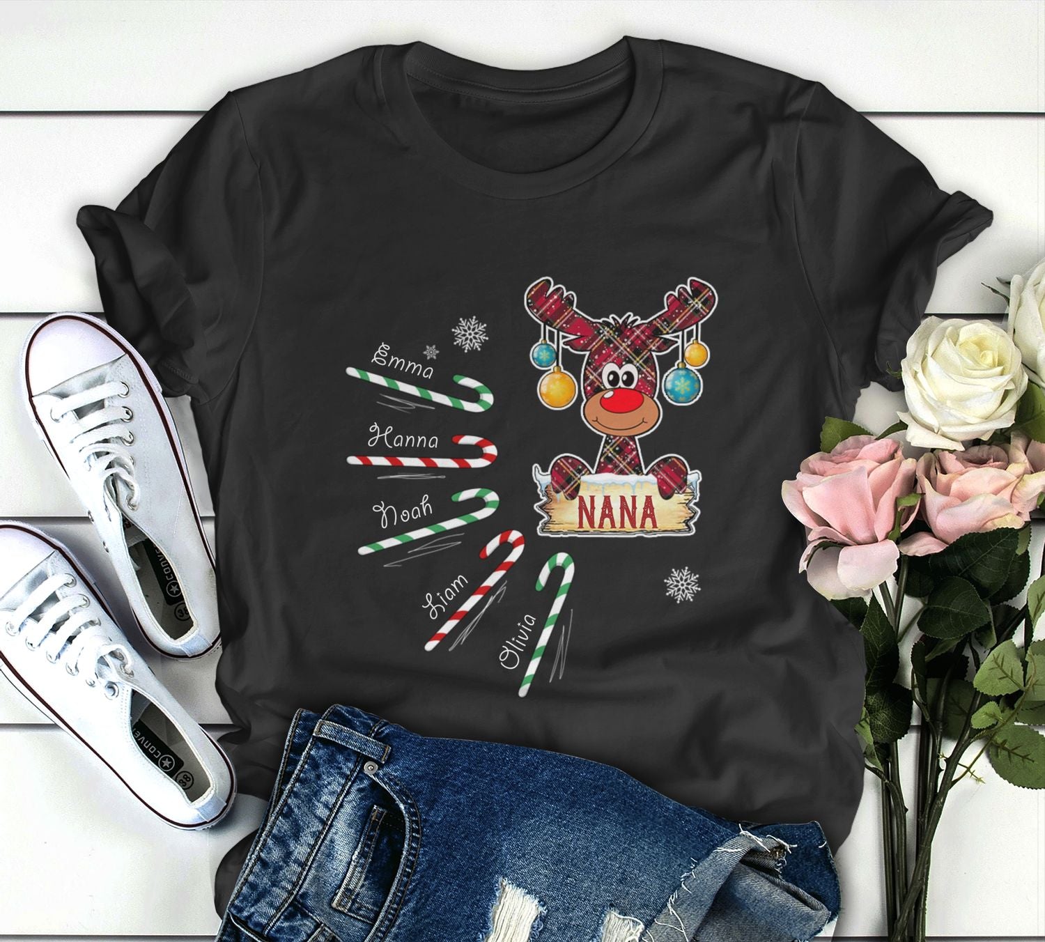 Personalized T-Shirt For Grandma Nana Reindeer & Candy Cane Printed Custom Grandkids Name Christmas Shirt Plaid Design